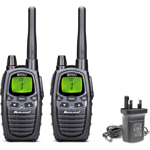 Midland G7 Pro divvirzienu radiosakaru ierīce, divjoslu, 16 PMR446 kanāli un 69 LPD, 2 akumulatori, galda skaļrunis, stiprinājums pie jostas, UKCA sertificēta, 2 radiostacijas, melna, melna