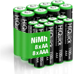 HiQuick 16 AA AAA bateriju Ni-MH 1,2 V, 8 x AA baterijas 2800 mAh un 8 x AAA baterijas 1100 mAh.