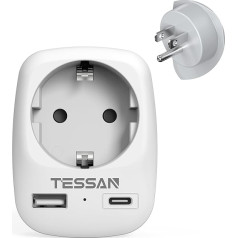 TESSAN ASV adaptera ligzda, 3 in 1 ceļojuma adapteris ASV ar 1 USB C un 1 USB A, adapteris ASV Vācijas kontaktdakša 1875W, adapteris no ES uz ASV, ASV kontaktligzdas adapteris Taizemei un Kanādai, B tipa ceļojuma kontaktdakša