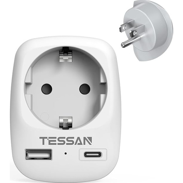 TESSAN ASV adaptera ligzda, 3 in 1 ceļojuma adapteris ASV ar 1 USB C un 1 USB A, adapteris ASV Vācijas kontaktdakša 1875W, adapteris no ES uz ASV, ASV kontaktligzdas adapteris Taizemei un Kanādai, B tipa ceļojuma kontaktdakša