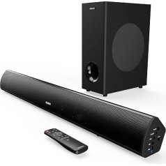 Majority Teton Plus Bluetooth Soundbar TV ierīcēm, 180 W 2.1 mājas kinozāles skaņas sistēma televizoriem ar bezvadu 5,25 collu zemfrekvences skaļruni, HDMI ARC ieeju, pielāgotu ekvalaizeru un tālvadības pulti