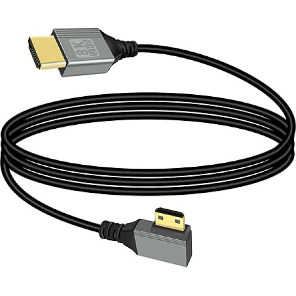 RIIEYYOCA 8K Mini HDMI uz HDMI adaptera kabelis, 90 grādu kreisā leņķa Mini HDMI vīrietis uz HDMI vīrietis 8K @ 60Hz 4K @ 120Hz 48Gbps ātrgaitas HDMI 2.1 kabelis, saderīgs ar portatīvo datoru, televizoru, videokameru u.c. (1M)