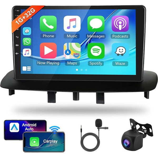 1G + 32G Android auto radio 2 DIN Renault Megane 3 2009-2014 ar bezvadu Apple Carplay Android auto navigācija GPS Canbus WiFi 9 collu skārienjūtīgais ekrāns ar Bluetooth FM/RDS/DAB/OBD2/DVR aizmugurējais