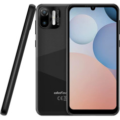 Ulefone Android 12 viedtālrunis bez līguma, Note 6T, 3GB + 64GB, 8,5 mm īpaši plāns 4G Dual SIM tālrunis, 6,1 collu HD+ ekrāns, 3 karšu slotu dizains, 13MP + 5MP kamera, Face Unlock GPS, melns