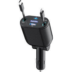 MAGJIEYX 62 W auto lādētājs Cigarešu aizdedzinātāja USB C un Lightning 4 in 1 adapteris, izvelkams auto mobilā tālruņa ātrās uzlādes auto lādētājs, saderīgs ar iPhone 15/14 Pro Max Plus/Samsung/Google Pixel