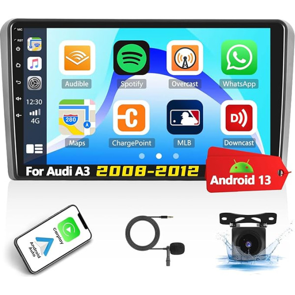 [2+64G] Android 13 ar satelītnavigācijas autoradio Audi A3 2008-2012.9 collu skārienjūtīgais ekrāns Radio ar Carplay Android Car GPS WiFi FM/RDS Bluetooth Mirror Link Canbus + AHD aizmugures kamera un mikrofons