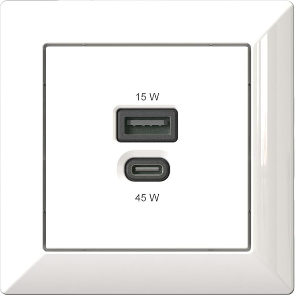 Iebūvējama USB uzlādes stacija, USB-C 45 W + USB-A 15 W lādētājs, balta krāsā