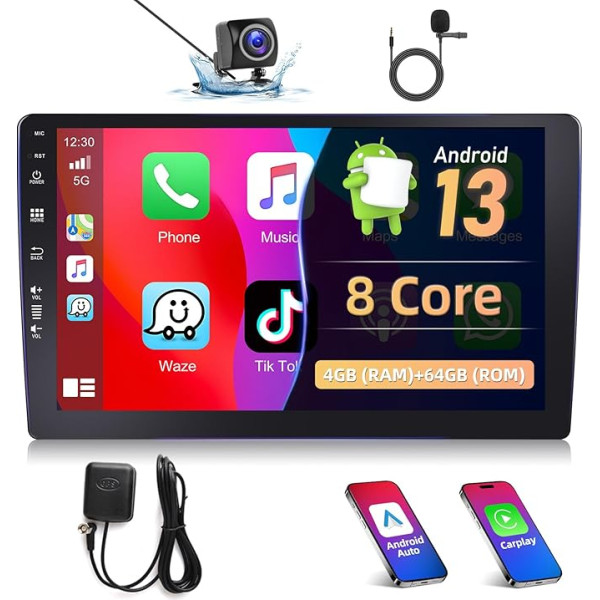 Podofo 4+64G auto radio 2 DIN ar bezvadu Apple Carplay Android Car, Android 13 auto radio ar satelītnavigāciju, 9 collu ekrāns ar Bluetooth/WiFi/GPS/Mirror Link/Trīsdaļīgs ekrāns + AHD atpakaļgaitas kamera