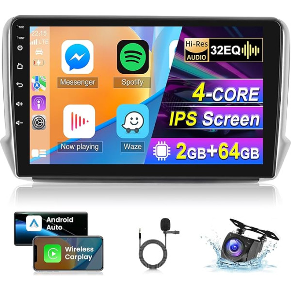 Android auto radio 2+64G Peugeot 2008/208 2012-2018 ar Carplay un Android Car - 9 collu auto radio atbalsta WiFi GPS stūres vadības ierīci Vairākas tēmas + atpakaļgaitas kamera un mikrofons