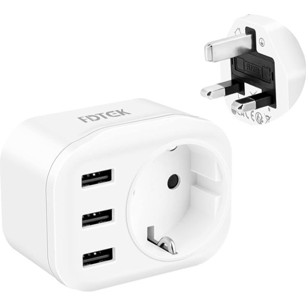 FDTEK 4 in 1 ceļojuma adapteris UK Vācijas kontaktdakša, no ES uz AK, G tipa ceļojuma kontaktdakša ar 3 USB-A pieslēgvietām, 2,4A AK adapteris, sienas lādētājs, kontaktligzdas adapteris, strāvas adapteris AK Skotijas Īrijas kontaktligzdai