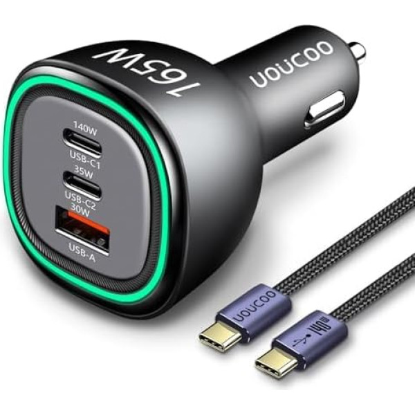 UOUCOO 165 W Cigarečių žiebtuvėlio USB C automobilinis įkroviklis, PD3.1 140 W / PD3.0 100 W PPS45W automobilinis įkroviklis USB C automobilinio įkroviklio adapteris Greitasis įkroviklis, skirtas 