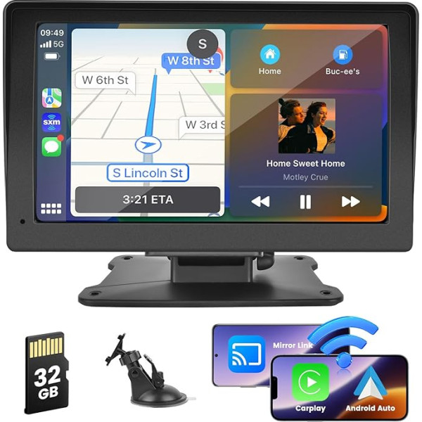 Hikity Bezvadu Carplay Android automašīnas displejs Automašīnas radio 7 collu HD skārienjūtīgais ekrāns Portatīvais Carplay monitors ar Bluetooth / balss kontroli FM AUX spoguļa saiti / priekšējā ekrāna stiprinājumu + 32G TF karte