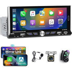 Hodozzy Auto radio ar ekrānu 1 DIN Bezvadu CarPlay un Android auto, radio 6,9 collu HD skārienjūtīgais ekrāns Bluetooth brīvroku Bluetooth MP5 atskaņotājs ar atpakaļgaitas kameru EQ FM SWC AUX/USB/Type-C