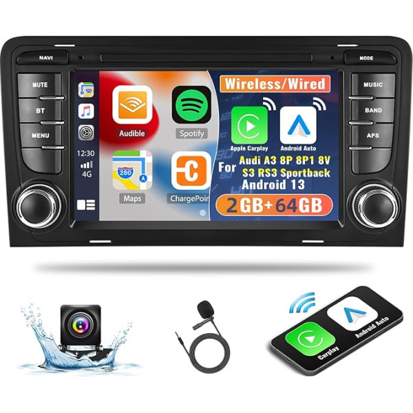 CAMECHO 2G + 64G Android 13 auto radio bezvadu Carplay Android automašīnai Audi A3 8P 8P1 8V S3 RS3 Sportback, 7 collu ekrāns, auto radio ar Bluetooth GPS HiFi FM RDS SWC + atpakaļgaitas kamera