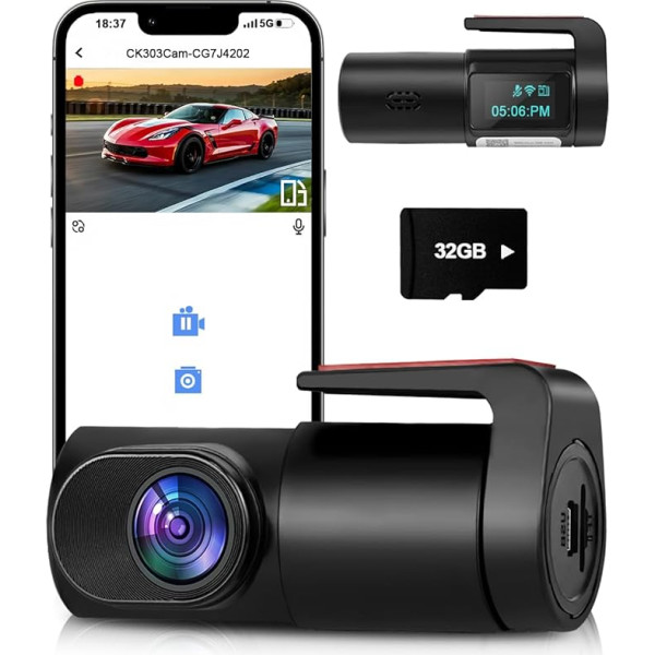 Priekinė prietaisų skydelio kamera, 1080P mini WiFi prietaisų skydelio kamera automobiliams, automobilio prietaisų skydelio kamera su 0,96 colio mini ekranu, parkavimo monitorius, ypač geras naktinis matymas, 170° platus kampas, programėlės valdym