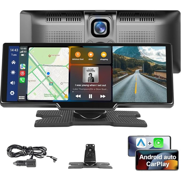 Podofo 9,3 collu pārnēsājamais auto radio ar bezvadu Apple Carplay Android Dual Dash Cam Record Screen, 7-32 V skārienjūtīgais ekrāns ar balss palīgu/Bluetooth/FM raidītājs/AUX/TF karte