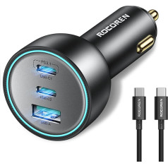 Rocoren Cigarešu aizdedzinātāja USB C 165W, PD3.1 140W auto lādētājs QC5.0 PPS 3 portu auto lādētāja adapteris, saderīgs ar MacBook Pro, Surface Pro, iPhone 16, 15 Pro Max, Galaxy S24+, S23, iPad, Huawei