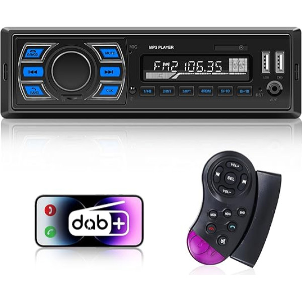 DAB/DAB+ autoradio Bluetooth brīvroku komplekts, Hikity 1 DIN radio 4 x 60 W uztvērējs ar MP3 atskaņotāju, 2 USB pieslēgvietas, DAB/FM radio Vario krāsaina SWC tālvadības pults