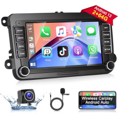 Podofo Auto radio VW Golf 5 6 Polo Seat Skoda ar bezvadu Carplay Android auto, 2+64G 7 collu Android 13 auto radio ar ekrānu, Bluetooth, HiFi, WLAN, GPS, RDS + atpakaļgaitas kamera un mikrofons