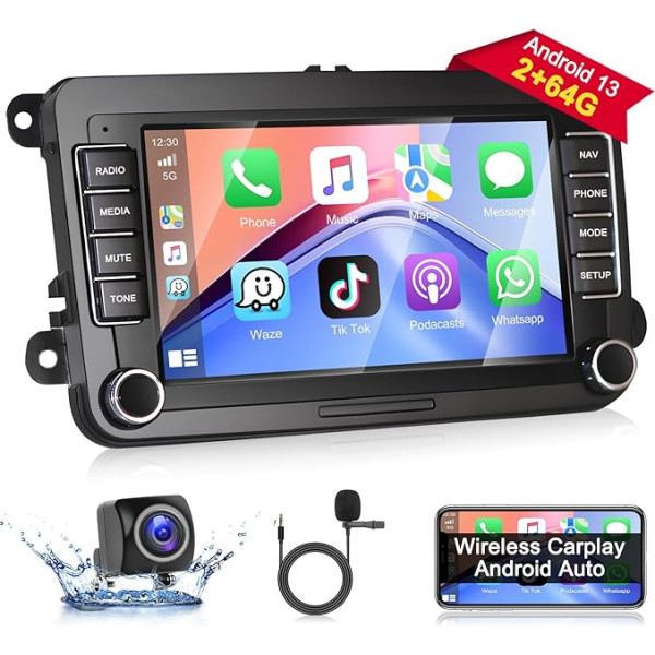 Podofo Auto radio VW Golf 5 6 Polo Seat Skoda ar bezvadu Carplay Android auto, 2+64G 7 collu Android 13 auto radio ar ekrānu, Bluetooth, HiFi, WLAN, GPS, RDS + atpakaļgaitas kamera un mikrofons