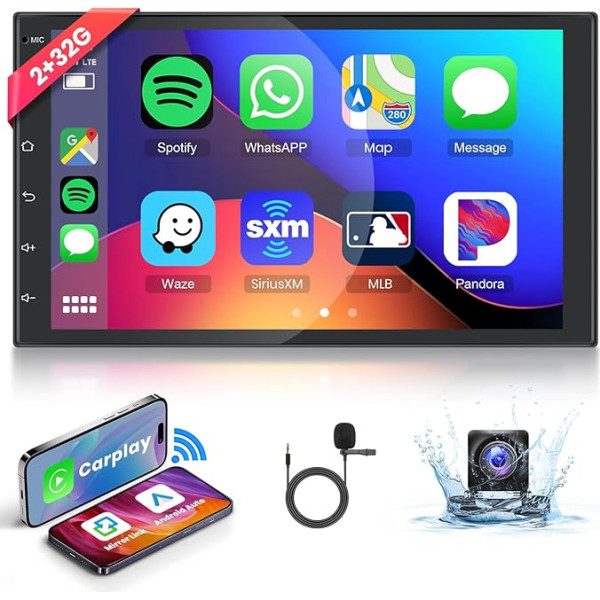 2+32G podofo Bezvadu Carplay Android auto radio 2 DIN Bluetooth spoguļsaite ar 7 collu skārienjūtīgo ekrānu WiFi / Navi 26 UI FM/RDS stūres vadības stūres vadības ierīci GPS EQ MIC + AHD atpakaļgaitas kamera