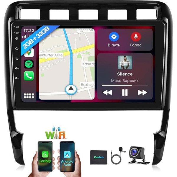 2+32G Android 13 auto radio Porsche Cayenne 9PA 2002-2010 ar Wireless Carplay/Android Car, 9 collu auto radio ar Bluetooth, navigāciju, WiFi, Hi-Fi, FM/RDS+ atpakaļgaitas kamera