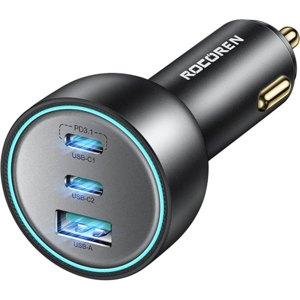 Rocoren Cigarešu aizdedzinātāja USB C 165W, PD3.1 140W auto lādētājs QC5.0 PPS 3 portu auto lādētāja adapteris, saderīgs ar MacBook Pro, Surface Pro, iPhone 15, 15 Pro Max, Galaxy S24+, S23, iPad, Huawei