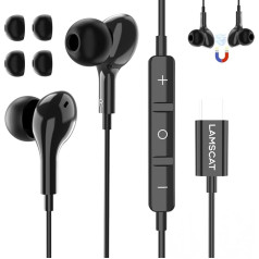 LAMSCAT USB C austiņas ar mikrofonu, In-Ear austiņas ar kabeli, magnētiskās stereo un skaļuma regulēšanas funkciju Samsung, Huawei, iPhone 15, Google Pixel, Xiaomi, One Plus utt. Melns