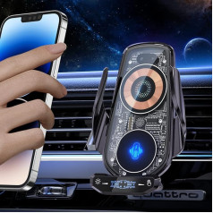 AmazeFan Bezvadu auto lādētājs 15W Qi lādētājs Ātrā lādēšana ar skārienjūtīgu ekrānu iPhone Samsung Huawei utt. Automašīnas mobilā tālruņa turētājs, 360° rotācija, elektromagnētiskā indukcija (tumši melns)