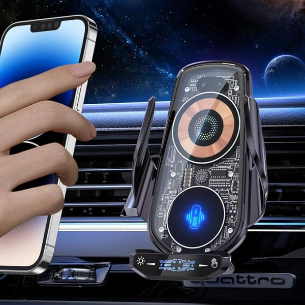 AmazeFan Bezvadu auto lādētājs 15W Qi lādētājs Ātrā lādēšana ar skārienjūtīgu ekrānu iPhone Samsung Huawei utt. Automašīnas mobilā tālruņa turētājs, 360° rotācija, elektromagnētiskā indukcija (tumši melns)