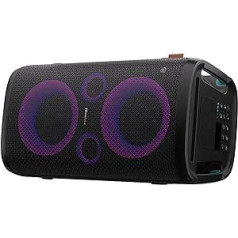 Hisense HP 110 Party Rocker One Plus pārnēsājamais ballīšu skaļrunis ar karaoke režīmu, ieskaitot 2 mikrofonus, 300 W skaņas skaļumu, dīdžeja efektus, bezvadu uzlādi, 5 gaismas efektus, līdz 15 stundu akumulatora darbības laiku,