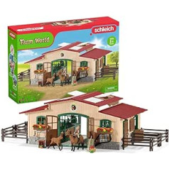 schleich 42195 Farm World stallis ar zirgiem un piederumiem, 96 gabalu zirgu staļļa rotaļu komplekts ar 2 x Schleich zirga figūrām, 1 x jātnieka figūra un daudzi piederumi, rotaļlieta bērniem no 3 gadu vecuma