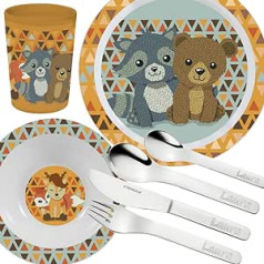 Bērnu komplekts Forest Friends 7 dab Personalizēts bērnu galda piederumu komplekts ar gravējumu (piem., vārds) + Bērnu trauki (šķīvis, bļoda, krūze)