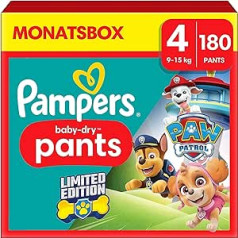 Pampers Paw Patrol bikses 4.izmērs (9-15 kg) Baby-Dry, Maxi ar stopu un aizsargkabatu, ikmēneša kaste, 180 autiņbiksītes