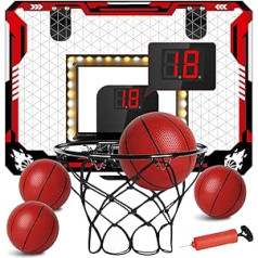 KIZJORYA Indoor basketball hoop for children, LED mini basketball hoop with score display, 4 balls and folding function, great gift, interactive fun for children and teenagers