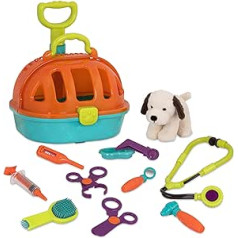 Battat veterinarijos gydytojo dėklas vaikams su mielu žaisliniu šuniuku, stetoskopas, švirkštas - vežimėlio transportavimo dėžė, gydytojo dėklas, veterinarijos gydytojo žaislas nuo 2 metų