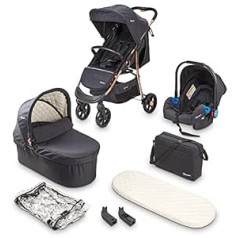 BABYGO vežimėlių 3-in-1 stiliai – sportinis priedas ir vonelė atskirai ir automobilinė kūdikio kėdutė – persirengimo krepšys / užtiesalas nuo lietaus / čiužinys - juodas / rožinis auksas