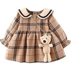 WOYAOFEI Grid Dresses Baby Girls, Spring, Autumn and Winter Checked Stripes Dress Lapel Collar Elegant Baby Long Sleeve Bear School Bag Plaid Print, Buttons, Understripes for 6 Months - 3 Years