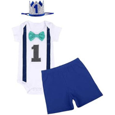 FYMNSI Baby Boy’s 1 Year Birthday Outfit, Cotton Gentleman’s Bow Tie, Short Sleeve Romper + Shorts + Crown Headband, 3-Piece Set, Photo Shoot Costume