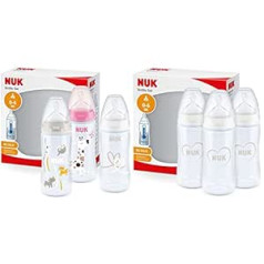 NUK First Choice+ bērnu pudelīšu komplekts | 0-6 mēneši | Temperatūras kontroles displejs | 300 ml | 3 gabali | Rozā žirafe un pirmā izvēle+ bērnu pudelītes sākuma komplekts | 0-6 mēneši | Sirds (neitrāla) | 3 gab