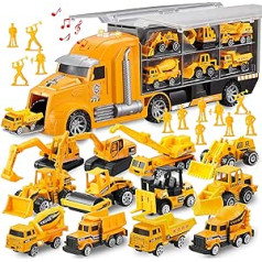 JOYIN 25 in 1 Die-cast statybinės transporto priemonės (įskaitant transporterį, ekskavatorių, savivartį, traktorių) su garsais ir šviesomis transporteryje, dovanos vaikams nuo 3 metų amžiaus berniukams