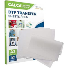 CALCA 100 loksnes A3 DTF pārneses plēve Premium DTF plēves loksnes pirmapstrādes loksnes PET siltuma pārneses papīrs DYI tiešai drukāšanai uz T-krekliem tekstila divpusēja karstā pīlinga