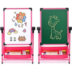 Arkyomi Children's Blackboard Easel Metal Children's Board Double-Sided Whiteboard and Chalkboard Height Adjustable Standing Board with Accessories Art Board Pink (Pink 2)