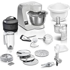 Bosch virtuves kombains Series 4 MUM5XL72, integrēti svari, 2 bļodas 3,9 l, mikseris 1,25 l, maisīšanas komplekts, nepārtraukta smalcinātājs, planētu maisīšanas iekārta, gaļas maļamā mašīna, kubiņu griezējs, 1000 W, pelēks/sudrabs