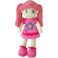 A rag doll in a pink dress with a flower