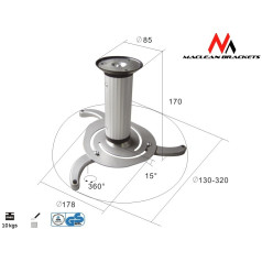 Maclean MC-515 projektora stiprinājums pie griestiem (80 mm - 170 mm; 10 kg; sudraba krāsa, pelēka krāsa)