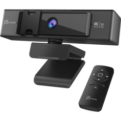 J5 Create J5sukurkite USB 4K Ultra HD internetinę kamerą su 5x skaitmeniniu priartinimu nuotolinio valdymo pultu USB-C/USB 2.0; spalva juoda jvcu435-n