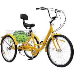 24 Inch Tricycle for Adults 3 Wheel Folding Bike 7-Speed Bicycle with Shopping Basket for Adults, Seniors, Women, Yellow