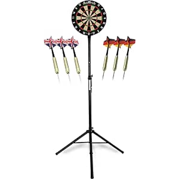 Stagecaptain DBS-1715C Bullseye Champion šautriņu dēļa komplekts - Profesionāls tērauda šautriņu dēlis, kas izgatavots no sizala - Pastāvīgi regulējams augstums tērauda statīvs - 6 šautriņas un 4 lidojumu komplekti