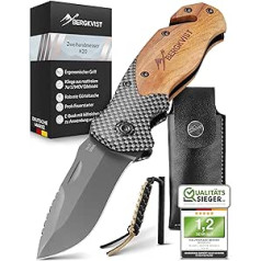 BERGKVIST® 3-in-1 pocket knife K20 two-handed knife can be carried, sharp folding knife, survival knife and outdoor knife with wooden handle incl. whetstone & belt bag